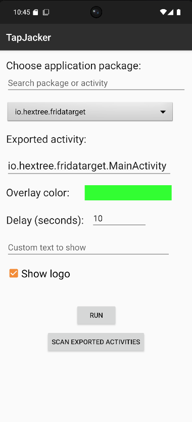 Interface principale de TapJacker